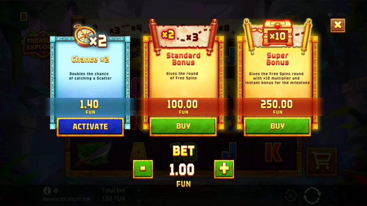 Tangkapan layar permainan slot Treasure Explorer oleh BGaming, menampilkan Laura Loot di hutan Aztec.