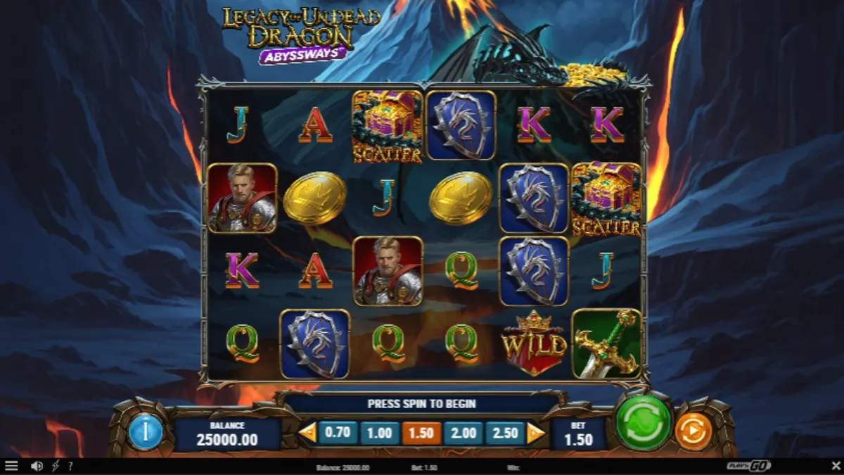 Tampilan visual slot Legacy of Undead Dragon Abyssways dengan naga dan ksatria