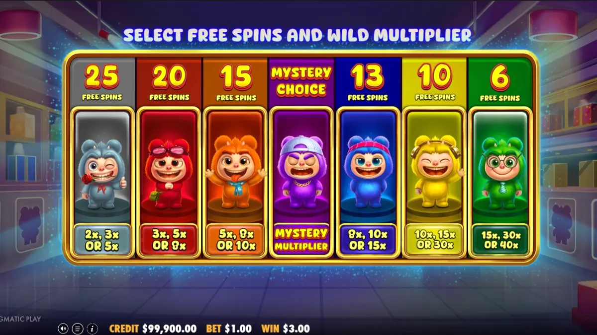 Tampilan visual ceria dan penuh warna dari slot Furry Bonanza Megaways dengan karakter beruang lucu.